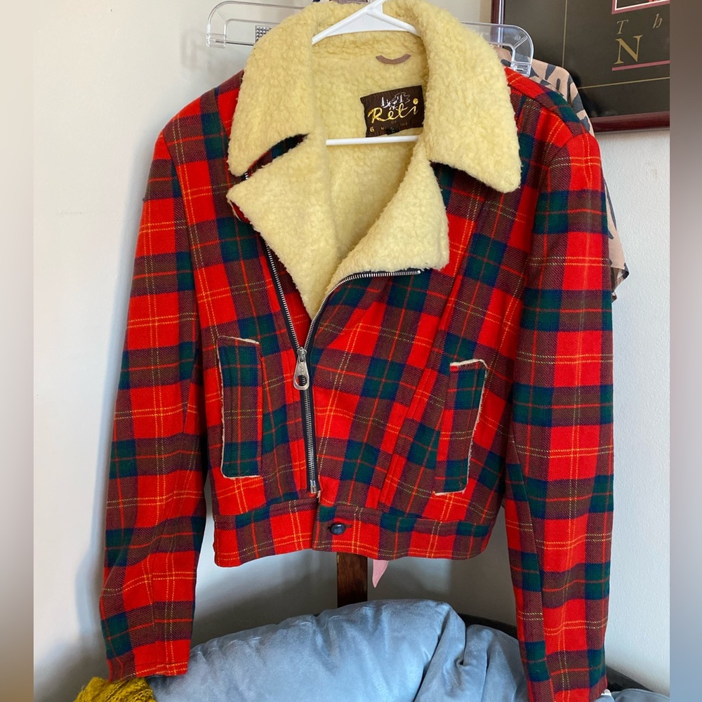 Vintage Plaid Sherpa Punk Jacket 6/M Reti of Melbourne True Wool red blue green